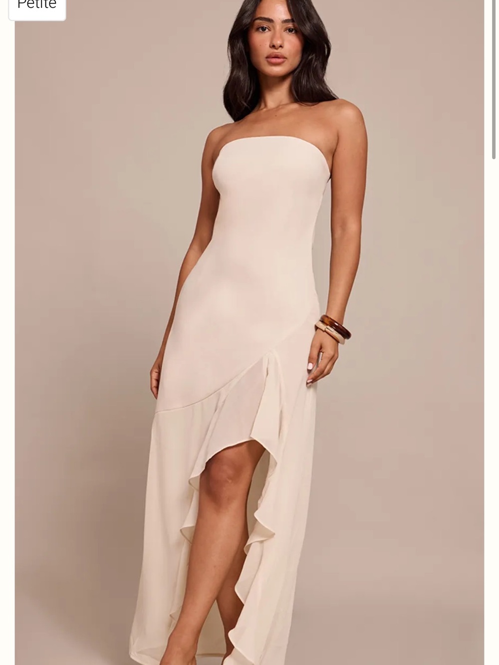 PrettyLittleThing Strapless Ruffle-Front Maxi Dress in Cream